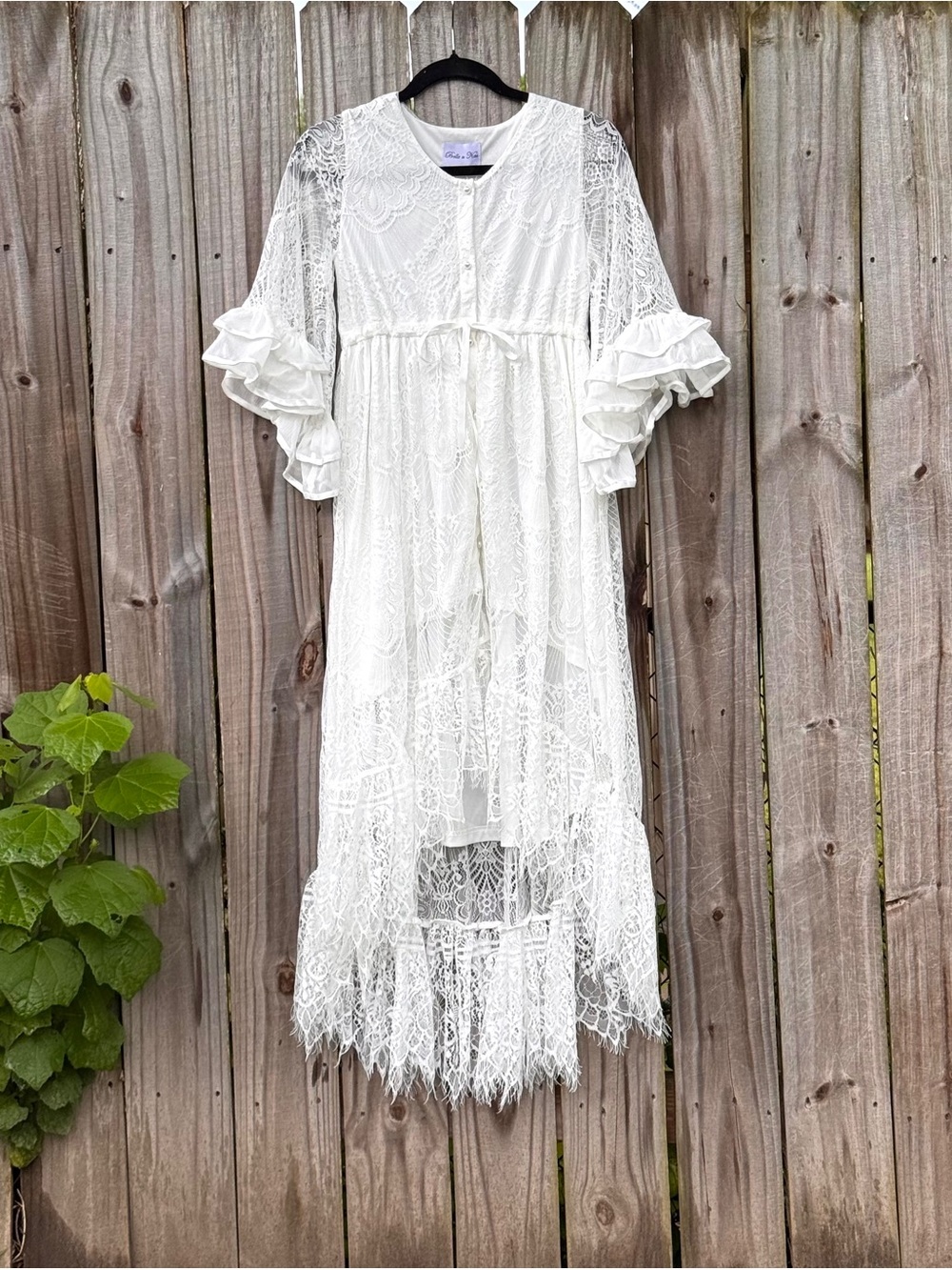 Girl's boho fairycore lace ruffle high low dress with bell sleeves size 12